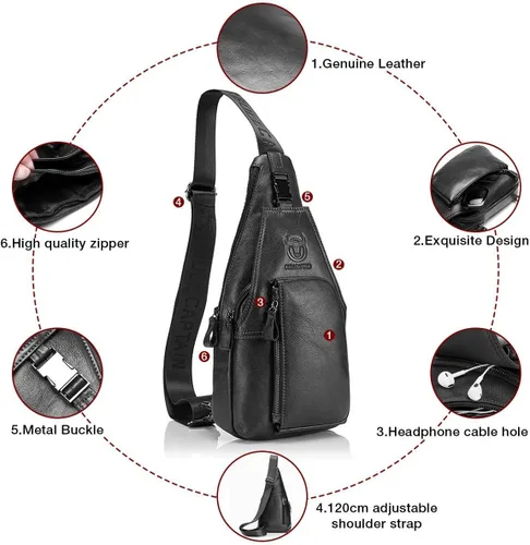 Vista 5 de Bolso de pecho de cuero genuino para hombre, bolso cruzado de hombro, bandolera, mochila de mensajero, mochila para negocios, casual