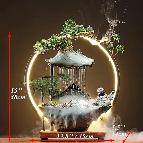 Vista 2 de Fuentes de agua de Buda para interiores y cascadas con 2 estatuas de Buda, fuente de agua de niebla con soporte de incienso de reflujo