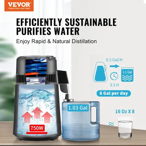 Vista 2 de VEVOR Destilador de agua, destilación de agua pura de 4 l/1.05 galones para encimera del hogar, máquina de agua destilada de 750 W, destilador