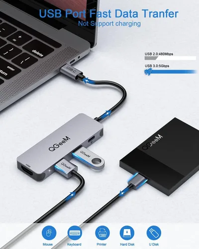 Vista 4 de QGeeM USB C Hub 4 en 1 adaptador AV digital multipuerto 4K HDMI, entrega de energía de 100 W, 2 puertos de datos USB-A, dongle USB C compatible