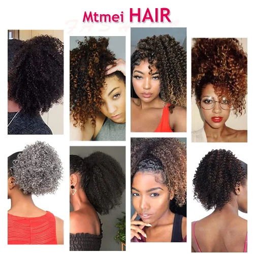 Vista 7 de Extensión de cabello sintético con cordón para coleta afro rizado para mujeres negras, onda corta (#1B, negro naturaleza)