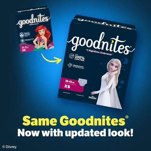 Vista 2 de Goodnites Ropa interior nocturna para niñas, talla extra pequeña (28-43 libras), 15 unidades, el embalaje puede variar