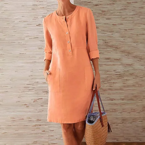 Vista 4 de Vestido de lino y algodón para mujer, manga larga enrollable, longitud media, con botones, con bolsillos