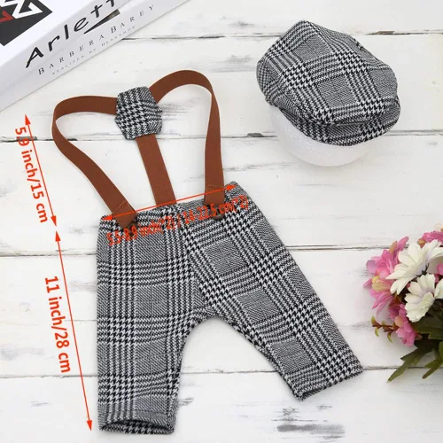 Vista 2 de Coberllus Accesorios para fotos de bebé recién nacido tela a cuadros para niños gorra plana y pantalones con tirantes
