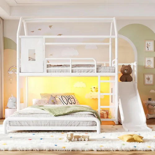 Vista 3 de RUNNA Playhouse Twin Over Full Bunk Bed with Slide and LED，Antique White-M