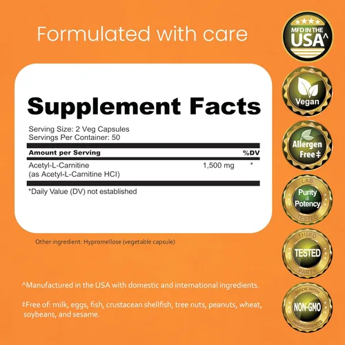 Vista 2 de NaturaLife Labs Acetil L-carnitina (ALCAR) 1500 mg por porción – 100 cápsulas – Sin OMG, sin gluten, vegano