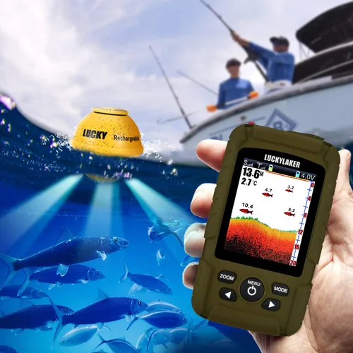 Vista 2 de LUCKY Buscador de peces inalámbrico de mano para barco, transductor con cable, sensor sonar, impermeable, portátil, buscadores de profundidad