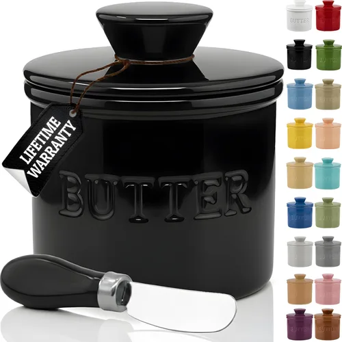Vista 17 de Priority Chef Mantequilla grande con tapa con línea de agua, plato de mantequilla francesa de cerámica para dejar en el mostrador, color negro