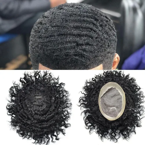 Vista 9 de Afro Curl Black Mens Toupee Afro Americano Unidades de Cabello para Hombres Negros Kinky Rizado Fino Mono Brasileño Cabello Humano Pelucas Hombres