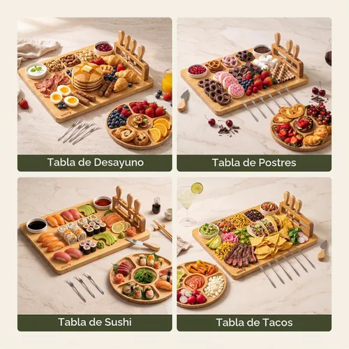 Vista 4 de SMIRLY Juego de tablas de charcutería, juego de tablas de queso grande, bandeja de bambú natural para quesos con accesorios, regalos de inauguración