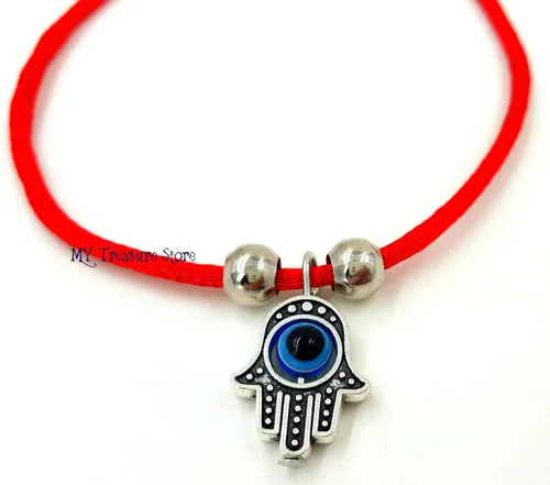 Vista 3 de Treasure4U-store 5 pulseras de cuerda roja de cábala con mano Hamsa y protección contra el mal de ojo azul pulseras ajustables con dije