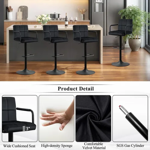 Vista 5 de Furniliving Taburetes de bar ajustables con respaldo, juego de 2 taburetes de bar negros, taburetes de bar de terciopelo con giro de 360°, taburetes