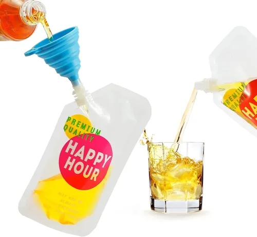Vista 4 de 6 bolsas de bebidas para adultos, botellas de plástico, reutilizables, desechables, con embudo (8 onzas)
