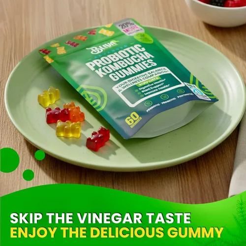 Vista 5 de BLIVA Gomitas probióticas de kombucha para hombres y mujeres - 60 gomitas Prebióticos, probióticos, postbióticos, corteza de olmo resbaladizo