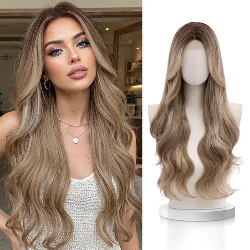 Vista 19 de VERNA - Peluca rubia con flequillo, peluca sintética de aspecto natural, rizada, ondulada de 26 pulgadas, resistente al calor, estilo de parte media