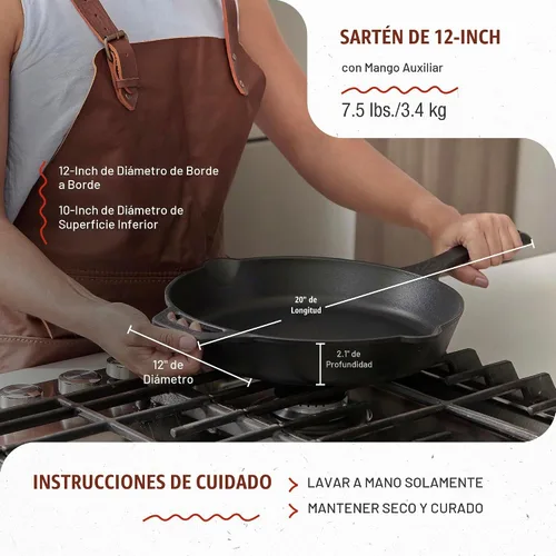 Vista 7 de Victoria - Set de sartén de hierro fundido de 12 pulgadas con tapa de vidrio templado, cubierta de mango grande y raspador de sartén