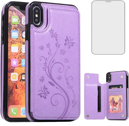 Vista 9 de Funda de teléfono para iPhone Xs Max de 6.5 pulgadas 2018 con protector de pantalla de vidrio templado, tarjetero con tapa de cuero para celular i X