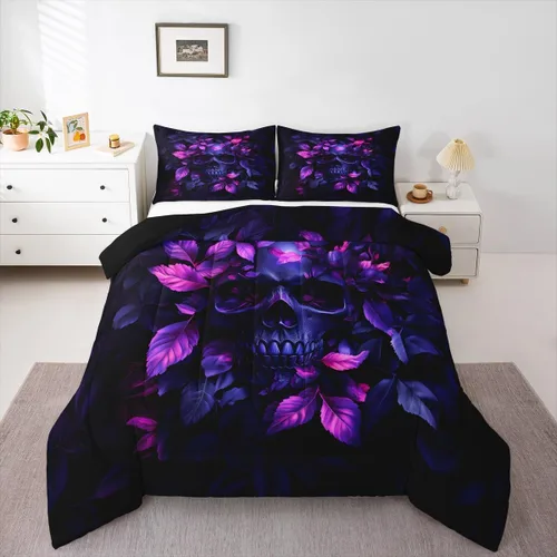 Vista 29 de Juego de edredón de polilla de la muerte, juego de ropa de cama tamaño individual, diseño de calavera gótica, flores botánicas, juego de edredón
