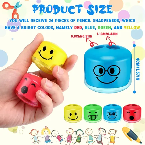 Vista 2 de Crtiin 24 sacapuntas para niños, para el aula, caricatura, sonrisa, sacapuntas pequeños, manual de mano, doble agujero, regalos para la escuela