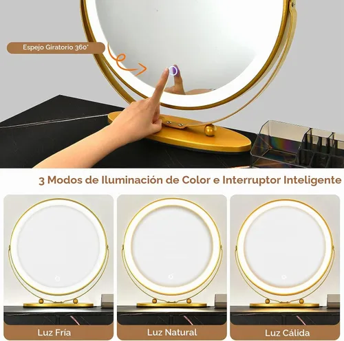 Vista 3 de CHARMAID Escritorio de tocador con armario lateral reversible, mesa de tocador de maquillaje con espejo iluminado, 3 luces de color, 4 cajones