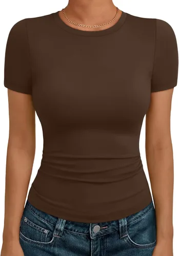 Vista 28 de AUTOMET - Camisetas básicas de manga corta para mujer, para verano, entrenamiento o gimnasio, con cuello redondo, ropa moderna estilo Y2K