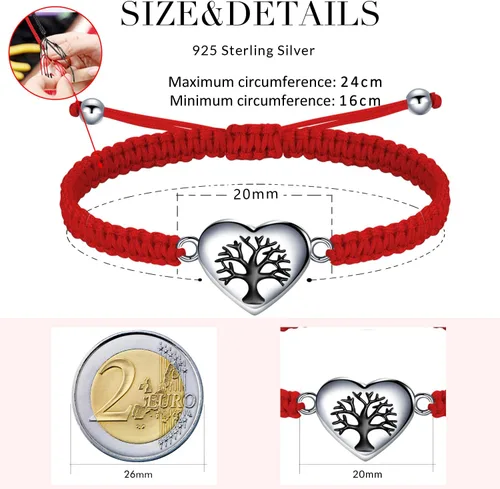 Vista 4 de J.Endéar Tree of Life Heart Bracelet for Women Girls, 925 Sterling Silver Family Tree Handmade Braided Filigree Rope String Bracelet Adjustable