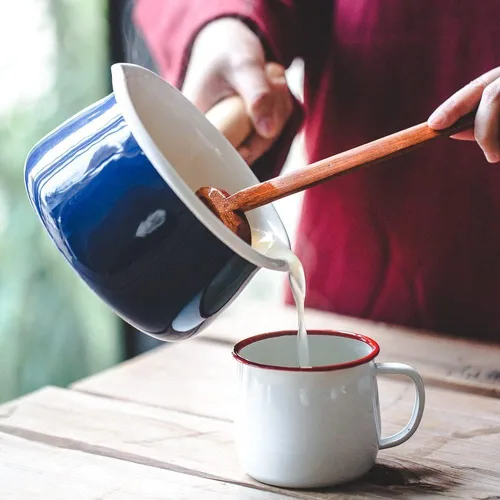 Vista 3 de Olla de leche esmaltada con doble salida de vertido, calentador de mantequilla, olla de leche para estufa, revestimiento interior esmaltado blanco