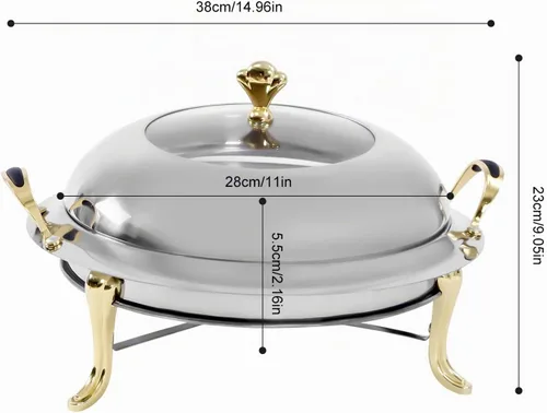 Vista 3 de Plato redondo para rozar, bandeja calentadora de bufé de acero inoxidable de 3.17 cuartos de galón con tapa y soporte de combustible para cocina
