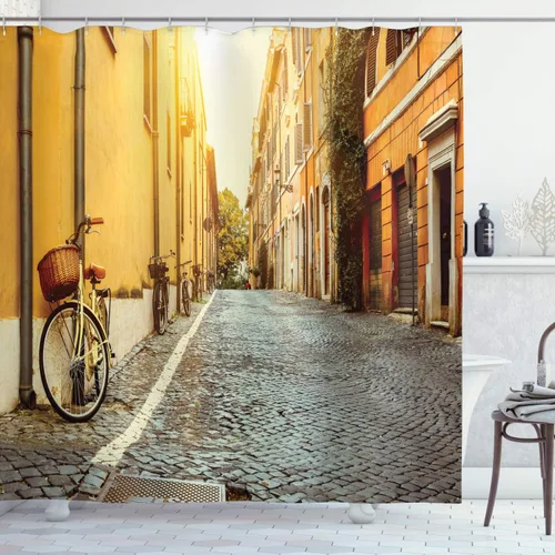 Vista 123 de set de cortina para baño decorativa de tela de poliéster con ganchos