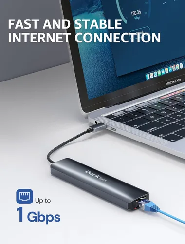Vista 5 de dockteck Hub USB C 7 en 1 con HDMI 4K 60Hz, Ethernet de 1 Gbps, entrega de energía de 100 W, ranuras para tarjetas SD/TF, puertos de datos USB 3.0