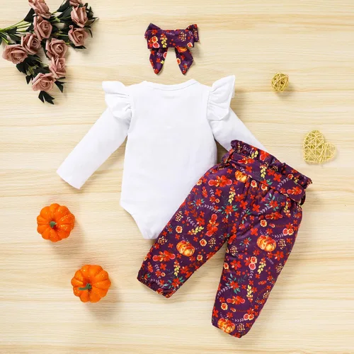 Vista 3 de Viworld Ropa de Halloween para niña recién nacida, mameluco con letras + pantalones de calabaza florales + diadema trajes de Acción de Gracias