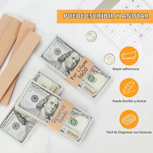 Vista 3 de PONNOR Paquete de 550 bandas de dinero en blanco natural kraft marrón para efectivo, correas autoadhesivas para monedas, para envoltorios