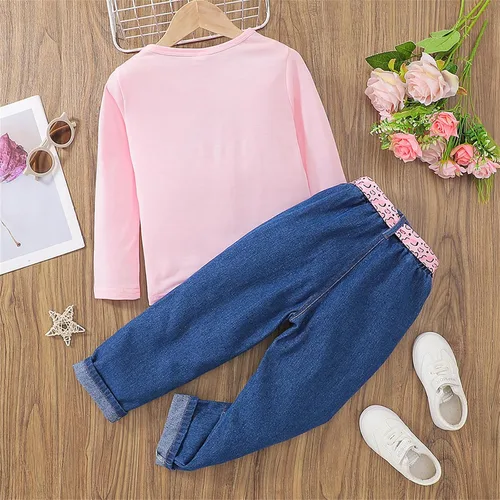 Vista 2 de PATPAT Conjuntos de 2 piezas para niña, conjuntos de pantalones de manga larga, camiseta y pantalones de mezclilla con cuello redondo, talla 5-12