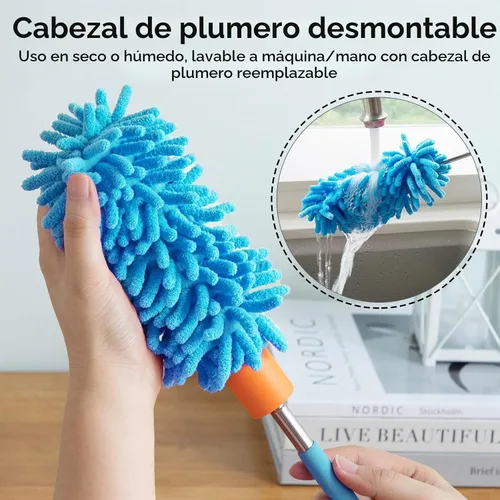Vista 2 de Plumero de microfibra para limpieza, Tukuos plumeros lavables a mano con 2 piezas de cabezal de microfibra reemplazable, poste extensible, cepillo