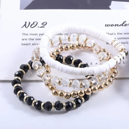 Vista 3 de 14Pcs 12Pcs Heishi Clay Bead Bracelets For Women, Boho Colorful Surfer Stackable Crystal Beads Bracelets Set Summer Beach Jewelry Negro+Blanco