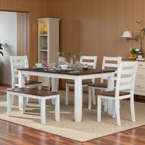 Vista 20 de LUMISOL Farmhouse - Juego de mesa de comedor de 6 piezas con banco, marrón + blanco lavado
