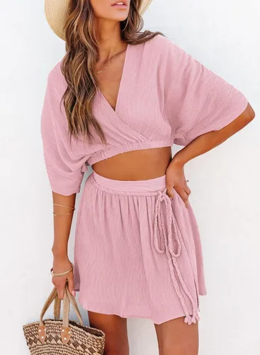 Vista 2 de Dokotoo Trajes de vacaciones para mujer, cuello en V, manga de murciélago, falda con abertura lateral, conjuntos de falda fluida para mujer, trajes
