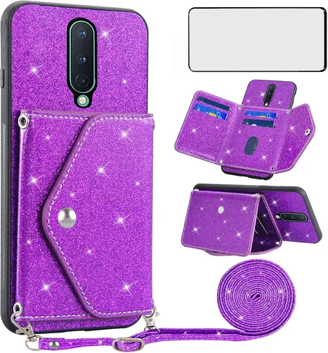 Vista 9 de Asuwish Funda para teléfono OnePlus 8 OnePlus8 5G UW Tmobile con protector de pantalla y correa cruzada, cordón para tarjetas con purpurina Negro