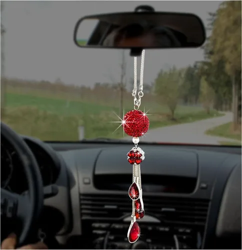 Vista 7 de Colgante brillante de bola y gotas para coche, adorno de espejo retrovisor de cristal para mujeres y niñas, accesorios universales brillantes