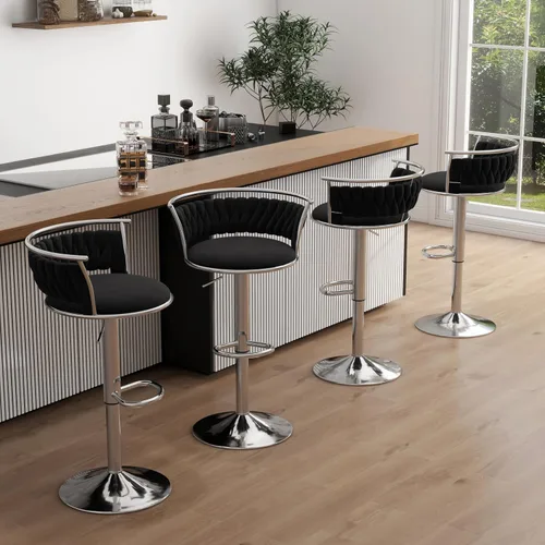 Vista 7 de Juego de 2 taburetes de bar giratorios de 360°, silla de bar de terciopelo ajustable a altura de mostrador moderna, taburete de metal plateado