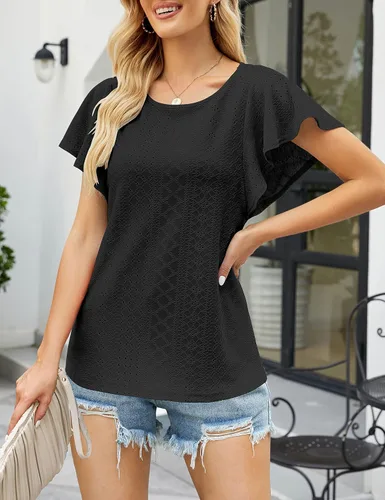 Vista 6 de MEROKEETY Camisetas de verano con mangas con volantes para mujer, cuello redondo, ajuste holgado, estilo casual