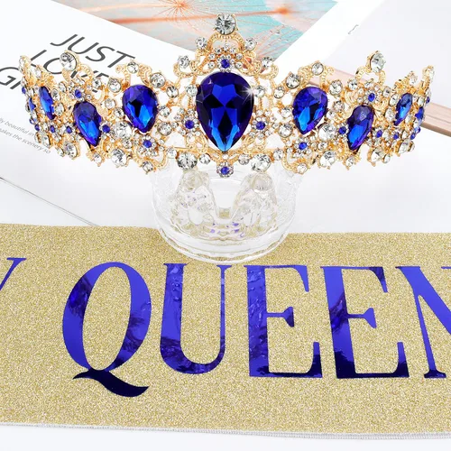 Vista 2 de Didder Faja y corona dorada de cumpleaños para mujeres y niñas, decoraciones felices Azul