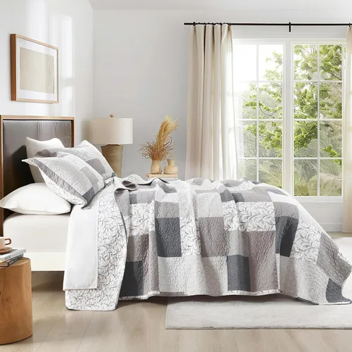 Vista 4 de SahSahCasa Edredón tamaño Queen, edredón acolchado a cuadros 100% algodón para cama Queen, colchas florales, colcha reversible de estilo campestre