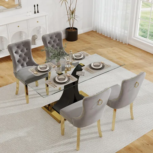 Vista 57 de Juego de comedor moderno de vidrio de lujo de 5 piezas, juego de cena rectangular minimalista grande para 4, juego de mesa de cocina de vidrio