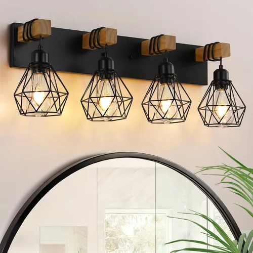 Vista 19 de Lámpara de tocador estilo casa de campo para baño, luminarias de tocador de baño de 2 luces negra dorada de madera sobre espejo, apliques rústicos