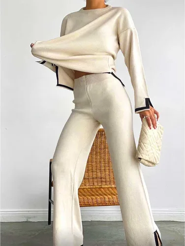 Vista 3 de MaLinfandor Conjunto de 2 piezas de suéter de punto para mujer, sudadera de manga larga, pantalones elásticos de pierna ancha, conjunto de ropa