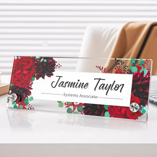Vista 28 de Placa de identificación personalizada para escritorio, decoración de oficina de acrílico transparente con diseño de flores, decoraciones