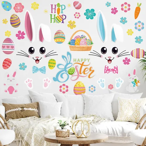 Vista 4 de Kajaia 4 piezas Adhesivos de puerta de Pascua felices Adhesivos de refrigerador Huevo de Pascua Flor de Pascua Conejo de Pascua Adhesivos de pared