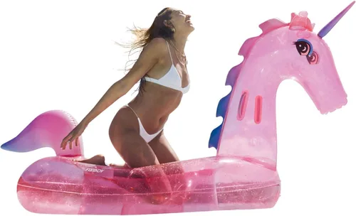 Vista 5 de Funboy - Flotador inflable, gigante y transparente con forma de unicornio y con brillantina, para fiestas de verano en la piscina y entretenimiento