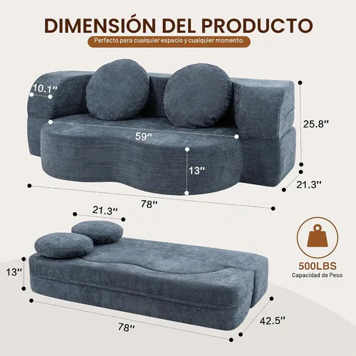 Vista 2 de Shintenchi Sofá cama convertible de 78 pulgadas, sofá cama 2 en 1 sin hueso, sofá biplaza de espuma viscoelástica, cama plegable de invitados con 2